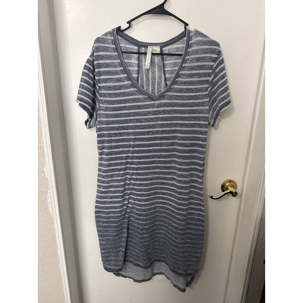 Brisas Blue White Striped V-Neck T-Shirt Dress XL Short Sleeve Burnout High Low